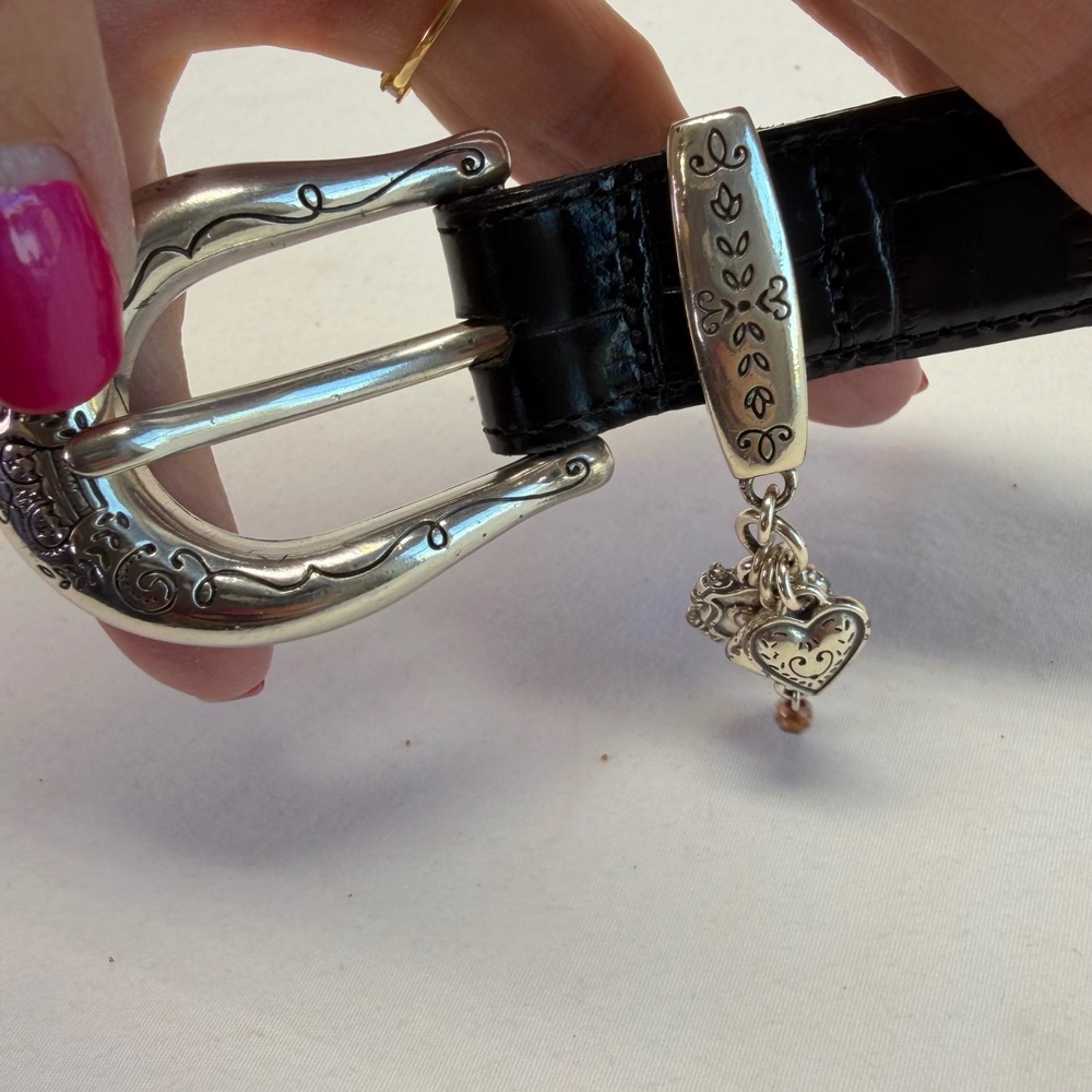 Vintage Brighton Leather Belt Womens M Black Croc Embossed Heart Charms Western